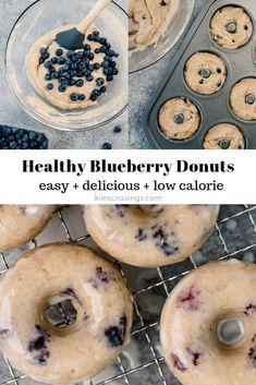 blueberry donuts are cooling on a wire rack and in muffin tins