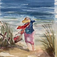 a watercolor painting of a woman at the beach