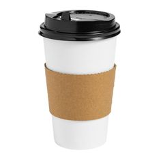 a coffee cup with a brown paper sleeve