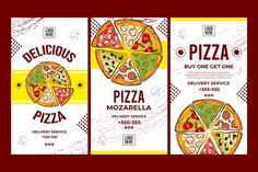 three pizza menus with different types of toppings on the front and back cover