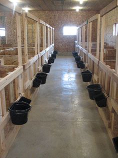 rows of buckets lined up in the middle of a room