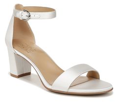 Anchored by a comfortable ankle strap, the Vera block heel sandal offers a striking silhouette and an insole that keeps feet feeling great all day. From Naturalizer. White Satin Fabric, Wide Width Heels, Ankle Strap Block Heel, Strap Sandals Women, Dress Shoes Womens, Dress Sandals, Block Heels Sandal, Dress And Heels, White Satin