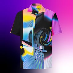 "🌌 Elevate your summer fashion with our Neon Psychedelic \"Glitch Bazaar\" Button Up Rave Shirt. Perfect for those who love to dance and stand out in a crowd! 🎨🕺 👕 Shirt Highlights: Eye-Catching Design: Dive into a digital dreamscape with psychedelic pinks, deep blacks, and electrifying blues in a captivating all-over print. Artistic Expression: Reflecting the avant-garde glitch art movement, this shirt is more than just clothing - it's a wearable piece of modern art. Lightweight & Comfortable: Composed of 65% recycled polyester and 35% polyester, making it eco-friendly and comfy. Fabric weight: 2.95 oz/yd² (100 g/m²). 💨 Functional Features: Moisture-Wicking Material: Stay cool and dry, whether you're dancing at a rave or enjoying a sunny day out. Breathable Fabric: Ideal for warm wea Rave Shirt, Plus Size Wedding Guest, Rave Shirts, Crafts From Recycled Materials, Fabric Shaver, Futuristic Style, Glitch Art, Artistic Expression, Plus Size Wedding