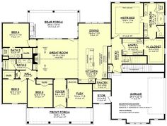 the first floor plan for a home with two master suites and an open concept kitchen