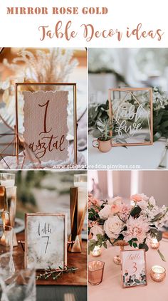 a collage of photos with flowers, candles and table numbers on them for a wedding reception