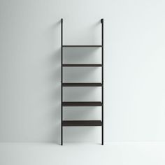 an empty ladder leaning against a white wall