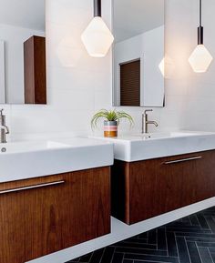 a bathroom with two sinks, mirrors and lights above the sink is a potted plant