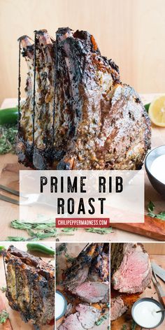 the prime rib roast has been sliced and is ready to be served with sauces