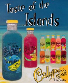 an advertisement for calypo lemonade on the beach with tropical drinks in bottles