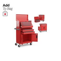 the red tool cabinet is on wheels with four drawers