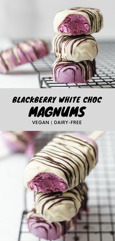 black berry white choc magnims are stacked on top of each other with chocolate drizzle