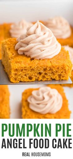 pumpkin pie angel food cake with cream frosting on top and in the background, there is