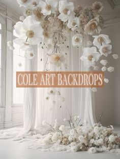 white flowers are arranged on the floor in front of curtains and drapes with text that reads cole art backdrops