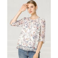 Whether you're in the office or out on the town, this ruffle collar floral print top is perfect for any occasion. It looks comfortable and it is made of very nice flowy breathable material with a pretty floral design. It looks fresh and great for early fall. The style of the blouse gives a very fresh and youthful look without excluding an older audience. Beautiful boho design, very neutral color, could match with Jeans for a very tailored casual look, great for spring and summer. Floral Print Chiffon Blouse, Three Quarter Sleeve Blouses, Floral Peasant Top, Floral Print Chiffon, Gingham Shirt, Puff Long Sleeves, Boho Design, Boho Designs, Ruffle Collar