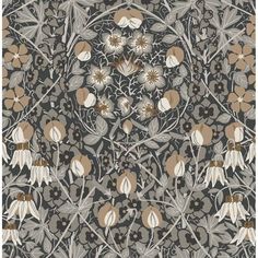 an intricately designed wallpaper with flowers and leaves in grey, beige and brown colors