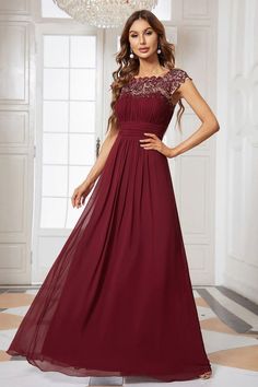 This maxi bridesmaid dress with cap sleeve is perfect for weddings. Delicate lace and rhinestones decorate the neckline while the ruching in the bust and waist creates a figure-flattering silhouette. Cap Sleeve Bridesmaid Dress, Cap Sleeve Evening Gowns, Punk Wedding, Bridesmaid Gown Chiffon, Lace Chiffon Bridesmaid Dress, Lace Bridesmaids, Grand Hyatt, Maxi Bridesmaid Dresses, Ever Pretty