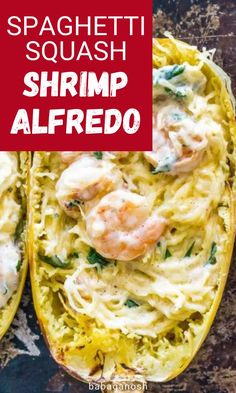 {Keto} Spaghetti Squash Shrimp Alfredo dinner. Keto Spaghetti Squash, Creamy Shrimp Alfredo, Spaghetti Squash Shrimp, Keto Spaghetti, Healthy Ground Beef Recipes, Spaghetti Squash Recipes Easy, Shrimp Alfredo Recipe, Keto Shrimp Recipes