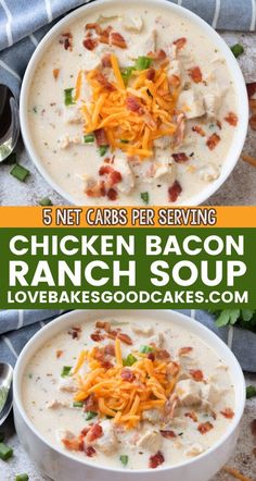 two bowls of chicken bacon ranch soup with cheese on top