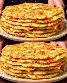 there are many pancakes on the plates with different toppings in each stack, and one is stacked high