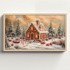 a painting of a gingerbread house with candy canes in the foreground and snow on the ground