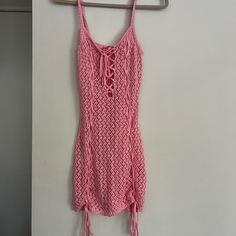 New With Tags Never Worn Amazing Condition Crochet Mini Dress For Party, Fitted Mini Dress With Crochet Lace For Vacation, Fitted Crochet Lace Mini Dress For Vacation, Pink Crochet Dress For Spring, Pink Crochet Dress For Spring And Summer, Pink Summer Crochet Dress For Spring, Pink Lace Crochet Dress For Summer, Pink Crochet Mini Length Dress, Pink Bohemian Crochet Dress For Party