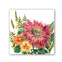 a painting of flowers and leaves on a white background