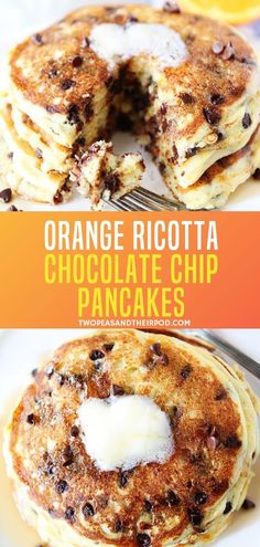 orange ricotta chocolate chip pancakes on a white plate