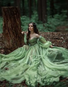 Green Gown Photoshoot, Fairytale Shoot Photoshoot, Green Prom Dresses Fairy, Green Long Flowy Dress, Green Fairy Ball Gown, Fantasy Dress Photoshoot, Fairytale Dress Photoshoot, Fairy Like Prom Dress, Fantasy Gowns Green