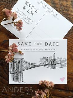 two save the dates cards with pink flowers on top of each card and one has a drawing of a bridge