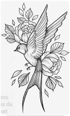 a black and white drawing of a bird with flowers