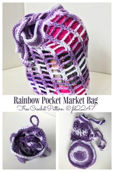 the crocheted bag is purple and white