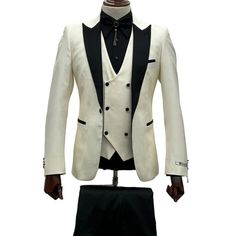 This Ivory Tuxedo - Cream Wedding Suit Is Perfect For Groom And Groomsmen Center Vent Slim Fit Suit 1 Button Shawl Lapel Double Breast Vest. Elegant White Slim Fit Three-piece Suit, White Slim Fit Elegant Three-piece Suit, White Three-piece Suit With Notch Lapel For Party, Fitted White Suit For Wedding, Beige Notch Lapel Tuxedo For Wedding, White Notch Lapel Wedding Sets, White Notch Lapel Sets For Wedding, Beige Fitted Tuxedo Set, White Double-breasted Suit With Notch Lapel For Wedding