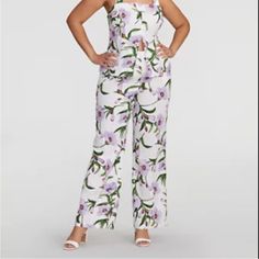 Fabulous Gabrielle Union Pant Set *New *All Over Floral Print *Zip Closure *High Rise *Matching Top *Both Size 2 *Linen Rayon Blend #2356 Fitted Floral Print Jumpsuits And Rompers With Wide Leg, Fitted Floral Print Wide Leg Jumpsuits And Rompers, Spring White Wide Leg Jumpsuits And Rompers, White Printed Overall Jumpsuits And Rompers, Printed White Pants, Slouchy Pants, Corduroy Pants Women, Side Pants, Print Pant