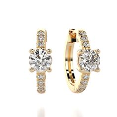 These classic, diamond hoop earrings are the perfect 14K solid gold diamond huggies. Sparkling diamond hoop earrings- modern, minimalist, chic, showcasing a center 0.5CT diamond with a pave of diamonds around it.  Materials & Measurements: ✤ Each center Diamond- 0.5CT Lab-grown: F+ color (or higher), VS2 clarity (or higher) ✤ 0.18CT lab grown side diamonds (in pair): D-F color, VS clarity ✤ 14K yellow/rose/white gold ✤ Inside diameter: 12mm ✤ Sold as a pair or a single earring ✤ Packed in a luxu Classic Hoop Earrings With Single Cut Diamonds, Classic Diamond White Huggie Earrings With Halo Design, Yellow Gold Hoop Earrings With Brilliant Cut For Anniversary, Diamond White 14k Gold Hoop Earrings With Diamond Accents, 14k Gold Diamond White Hoop Earrings With Brilliant Cut, 14k Gold Brilliant Cut Diamond White Hoop Earrings, Classic Small Hoop Diamond Earrings With Prong Setting, Classic Huggie Earrings In Diamond White, Classic Small Hoop Brilliant Cut Diamond Earrings