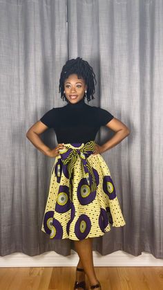 "Go dancing in this fun Front Belted Umbrella Skirt with Pockets!  This piece is fastened with an elastic waistband and fits size Small to Large. Model is a size medium and 5'6\" tall. Length: 25\" Material: 100% Cotton Ankara Fabric. Free size customization available." Fitted Yellow Gathered Skirt, Fitted Multicolor Gathered Maxi Skirt, Fitted Yellow Wrap Skirt, Fitted Yellow Skirt With Elastic Waistband, Umbrella Skirt, Ankara Fabric, Skirt With Pockets, Circle Skirt, Skirts With Pockets