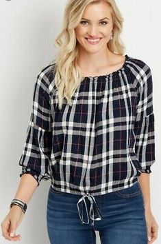 Cheap Plaid Women's Blouse, Cheap Plaid Tops With Placket, Cheap Plaid Blouse For Women, Casa Moda Shirt, Anne Carlson, Maurices Plaid, Ladies Crop Top, Crop Top Designs, Blouse Pattern Sewing