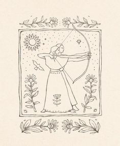 a drawing of a person holding a bow and arrow in front of a sunflower