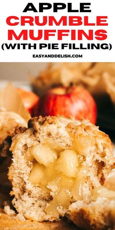 an apple crumble muffin is cut in half