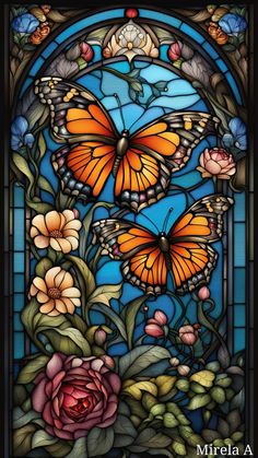 a stained glass window with flowers and butterflies