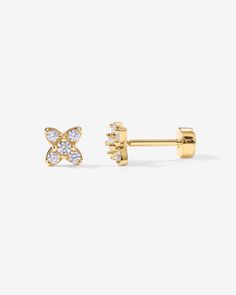 Look gorgeous even when sleeping with our new Must-have Flat Back earrings. These Tiny Flower Flat Back Studs are breathtakingly worn solo or as part of an earring stack. Materials: 14K yellow, rose or white gold plated Measurements: 4.5mm x 4.5mm. These small stud earrings are Crafted with a S925 post that screws into our flat back disc. Gold Huggie Flower Earrings For Pierced Ears, Elegant Gold Huggie Flower Earrings, Tiny Elegant Yellow Gold Piercings, Gold Flower Cartilage Earrings As Gift, Flower Shaped Gold Cartilage Earrings For Gift, Gold Flower Cartilage Earrings For Gift, Dainty Yellow Gold Earrings With Screw Back, Earring Stack, Flower Flat