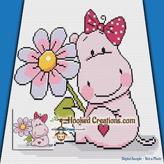 a cross stitch pattern of a pink hippo holding a flower with a pig on it