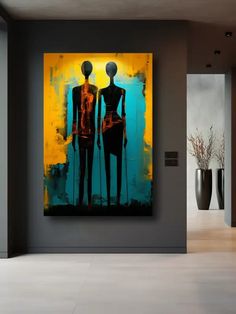 an abstract painting with two people standing next to each other in front of a wall