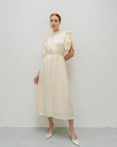 Margot Tea Length Dress With Puff Sleeves Detail/ High Neck - Etsy Vietnam Tea Length Dress, Dress With Puff Sleeves, Tea Length Dresses, Satin Midi Dress, Wedding Dreams, Drip Dry, Tea Length, Sleeve Detail, Puff Sleeves