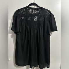 Bnwt High Neck Flutter Sleeve Black Lace Top, Doesn’t Give Stretch At All But Is More Flowy Down On The Bottom. Black Lace Top Blouse With Short Sleeves, Black Flowy Tops For Workwear, Flowy Black Tops For Workwear, Flowy Black Tops For Work, Chic Black Flutter Sleeve Tops, Black Butterfly Sleeve Blouse For Spring, Black Ruffle Top With Butterfly Sleeves, Black Ruffled Top With Butterfly Sleeves, Black Butterfly Sleeve Top With Ruffles