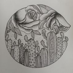 a drawing of flowers and cacti in a circle