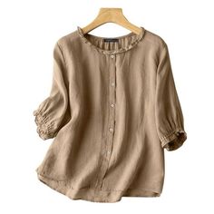 Casual Brown Cotton Peasant Top, Beige Long Sleeve Cotton Peasant Top, Oversized Beige Top With 3/4 Sleeves, Linen Blouse Outfit, Cheap Beige 3/4 Sleeve Blouse, Linen Tops With 3/4 Sleeves And Buttons, Look Short, Jeans Material, Blouse Material