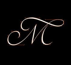 the letter m is written in cursive writing on a black background with white swirls