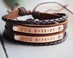 "Initial Couple bracelet, Couple Initial Bracelets, Couple bracelet set, Anniversary jewelry, Couple Gifts, Couples Jewelry, Couple name Gift These new creation handmade bracelets are for couples gift, wedding anniversary gift, your sister gifts, your mother gifts, your best friends, unisex options. Metal+Leather band+custom information= Cool style I can hand stamped any information into the bracelets. It's personal choices. To see my details about the bracelets: * The unit price is for ONLY ONE bracelet, if you need couples, please choose in qty 2 when order. * adjustable band * band color: brown & black * metal color: silver / gold / copper * max characters: 16 * thickness: about 0.12\" * width: about 1/4\" + 0.2\" round braid leather To see my any other Personalized bracelets,click http Adjustable Hand Stamped Bracelet For Valentine's Day, Valentine's Day Adjustable Hand Stamped Bracelets, Adjustable Hand-stamped Bracelet For Valentine's Day, Valentine's Day Adjustable Hand Stamped Bracelet, Valentine's Day Adjustable Hand-stamped Bracelet, Adjustable Name Bracelets For Valentine's Day, Handmade Adjustable Bracelets For Anniversary, Personalized Brown Bracelet Jewelry, Hand Stamped Brown Bracelets As Gift