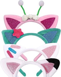 three cat ears and two headbands with flowers on each ear, all in different colors