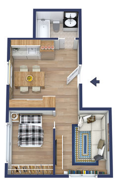 A dark blue and wooded 3D floor plan with one bedroom and a large kitchen. Half Baths, Tiny House Design, One Bedroom, Tiny House, House Plans, Floor Plans